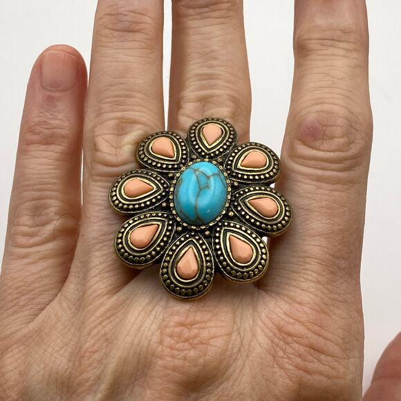 PREMIER DESIGNS "Turquoise" "Coral" Flower Stretch Ring Southwest Native NWOT - Picture 1 of 7